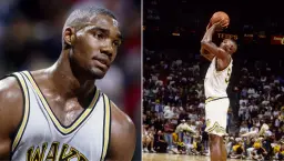 Rodney Rogers en tenue de Wake Forest : à gauche, portrait en gros plan en plein effort, et à droite, tir en suspension devant un public lors d’un match universitaire.