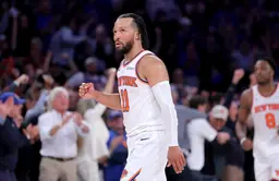 Jun 10, 2026; New York, New York, USA; New York Knicks guard Jalen Brunson (11) reacts during the fourth quarter of game four of the 2026 NBA Finals against the San Antonio Spurs at Madison Square Garden. Mandatory Credit: Brad Penner-Imagn Images